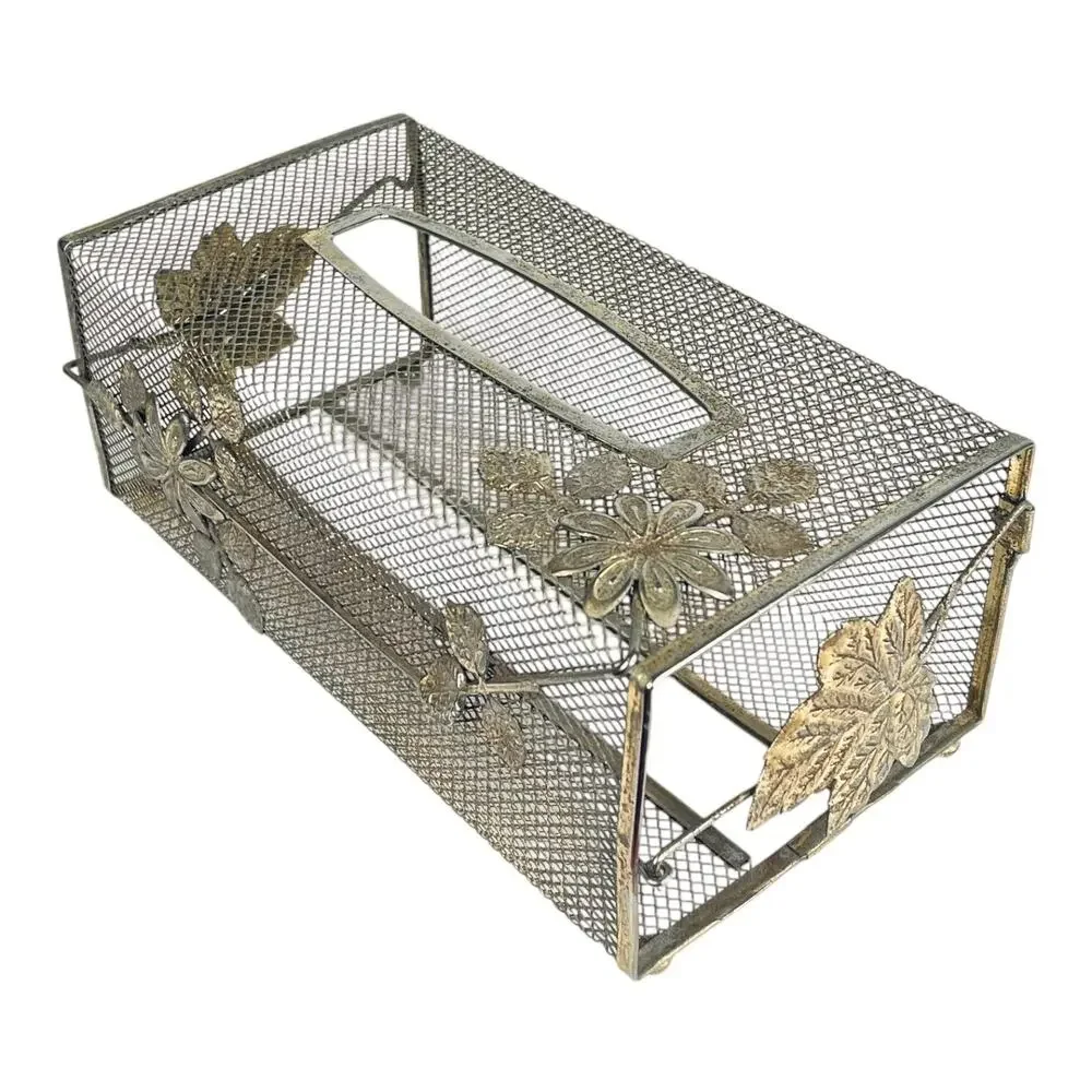 Metal Tissue Box Cover Ball Knob Feet Gold Floral Detail Mcm Mesh Long Box Vtg